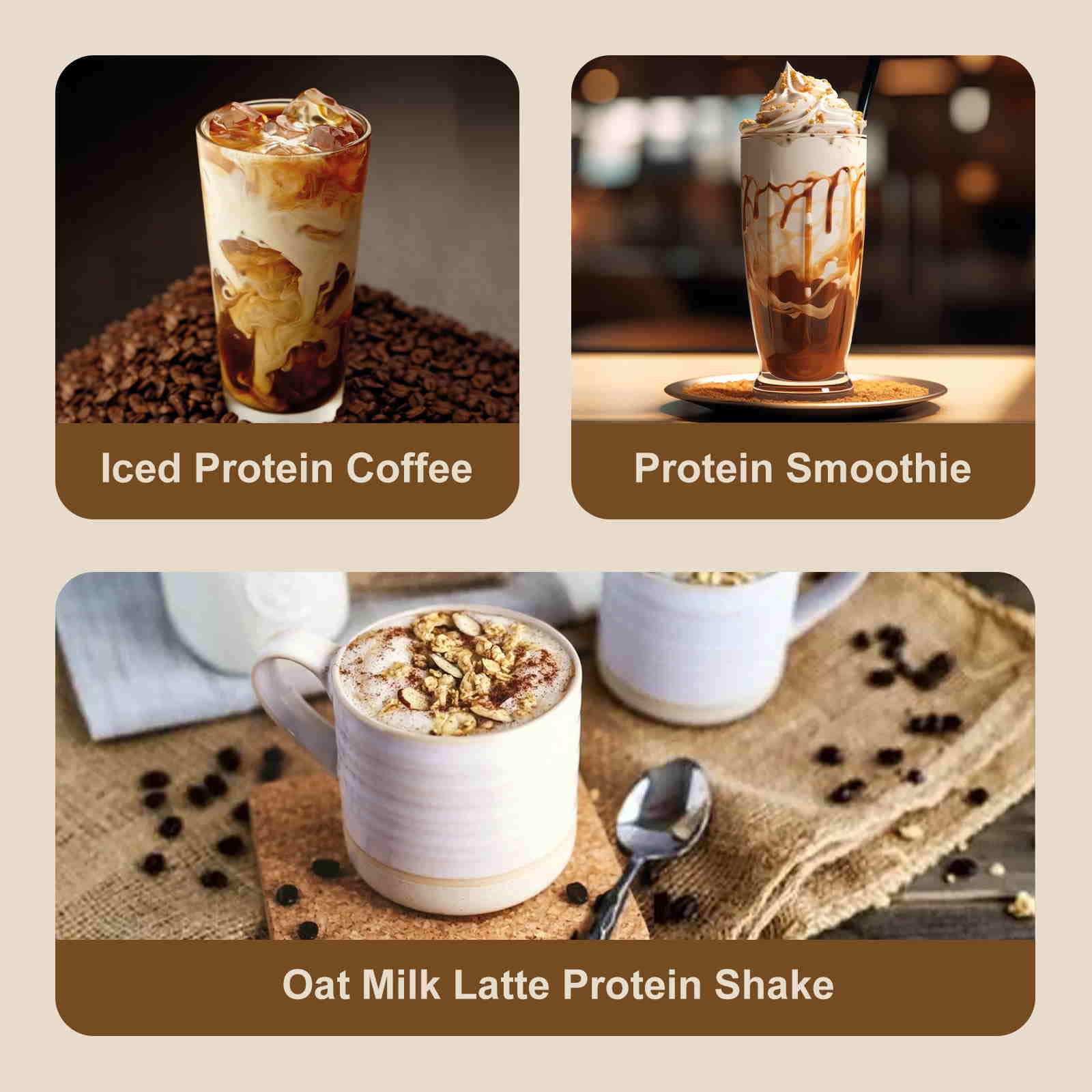 JAYUSS Arabica coffee beans and whey powder showing premium ingredients