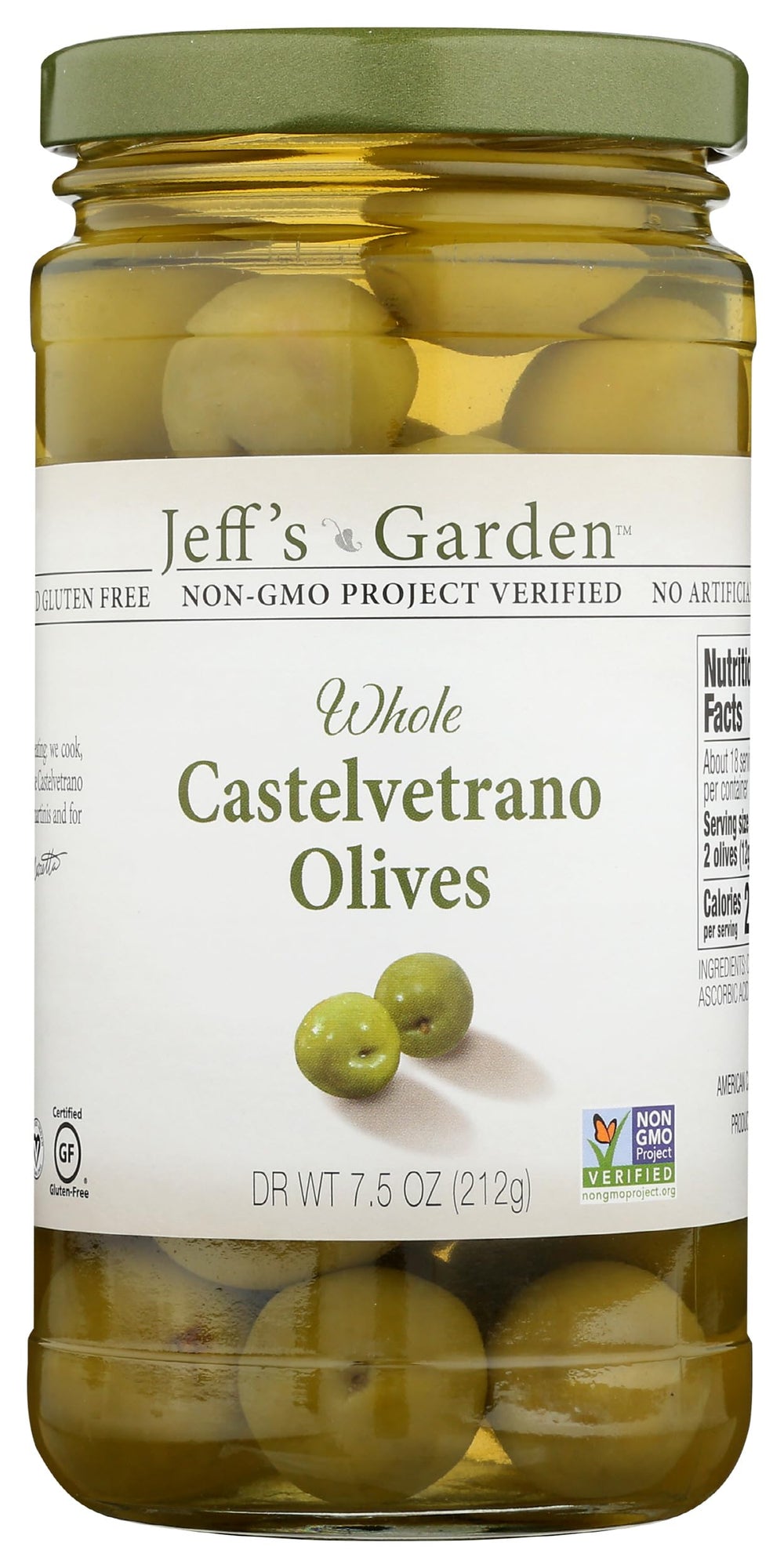 Jeff's Garden jar front showing label and vibrant green olives for pantry appeal