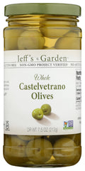 Jeff's Garden jar front showing label and vibrant green olives for pantry appeal