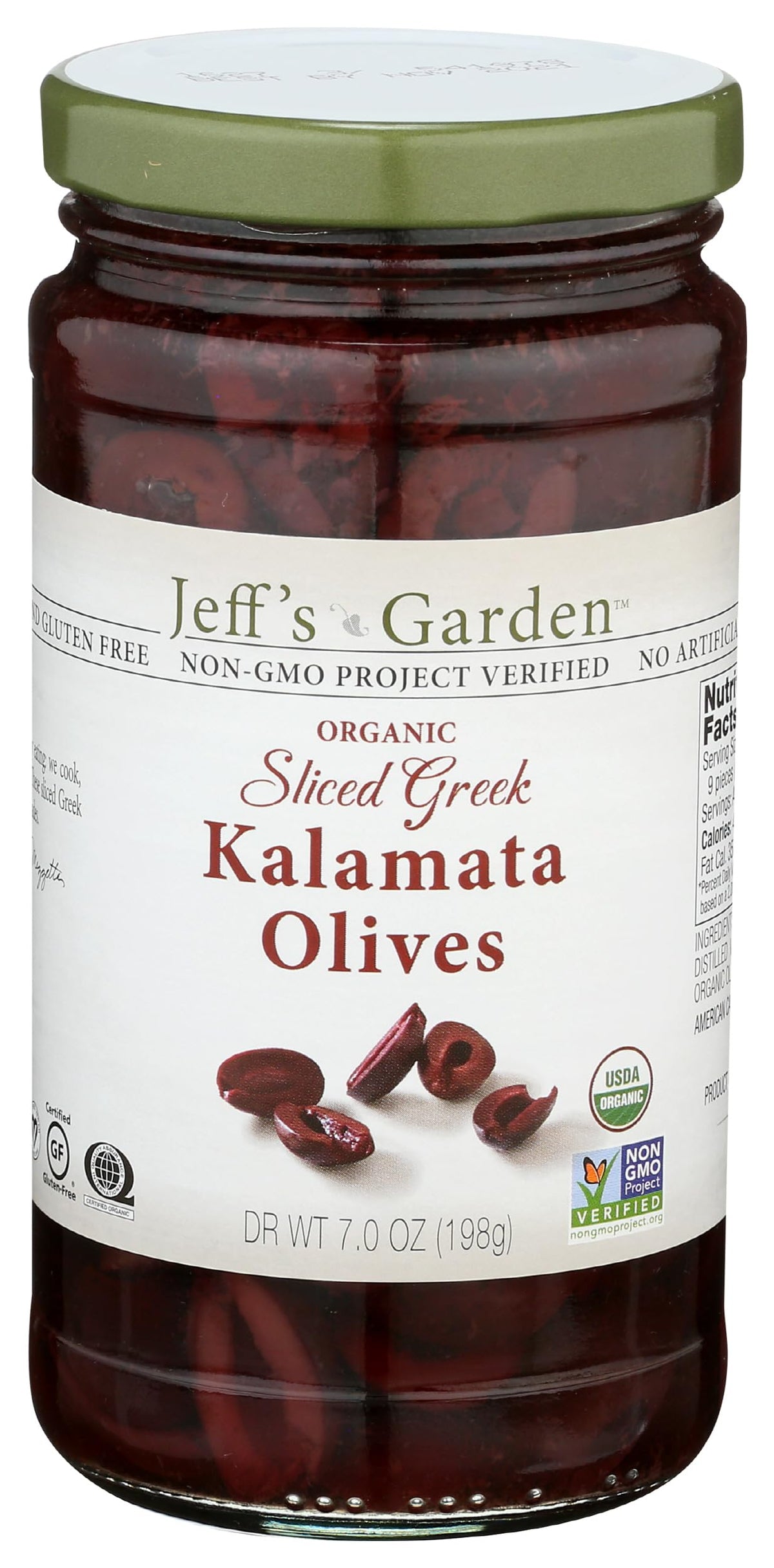Jeff's Garden front jar view showing organic 7 oz Kalamata olives, ready to use