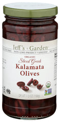 Jeff's Garden front jar view showing organic 7 oz Kalamata olives, ready to use