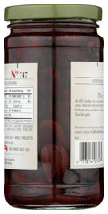 Jeff's Garden label close-up highlighting organic Kalamata olives and product info