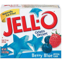 Jell-O Berry Blue front package showing brand and vibrant color for easy dessert use