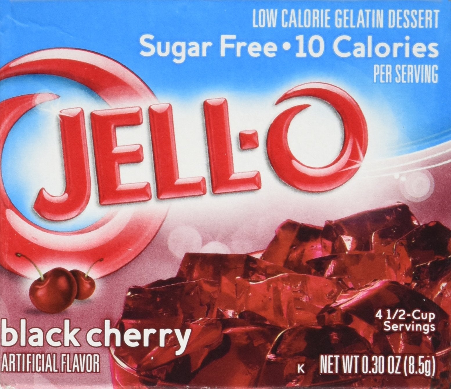 Jell-O black cherry front packaging showing brand and flavor, convenient preparation benefit