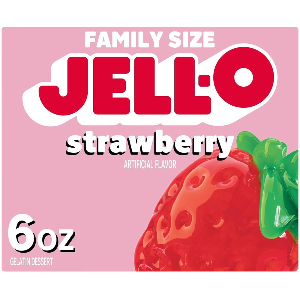 Jell-O boxes lined up displaying Orange Cherry Lime Strawberry Raspberry, convenient multi-flavor pack