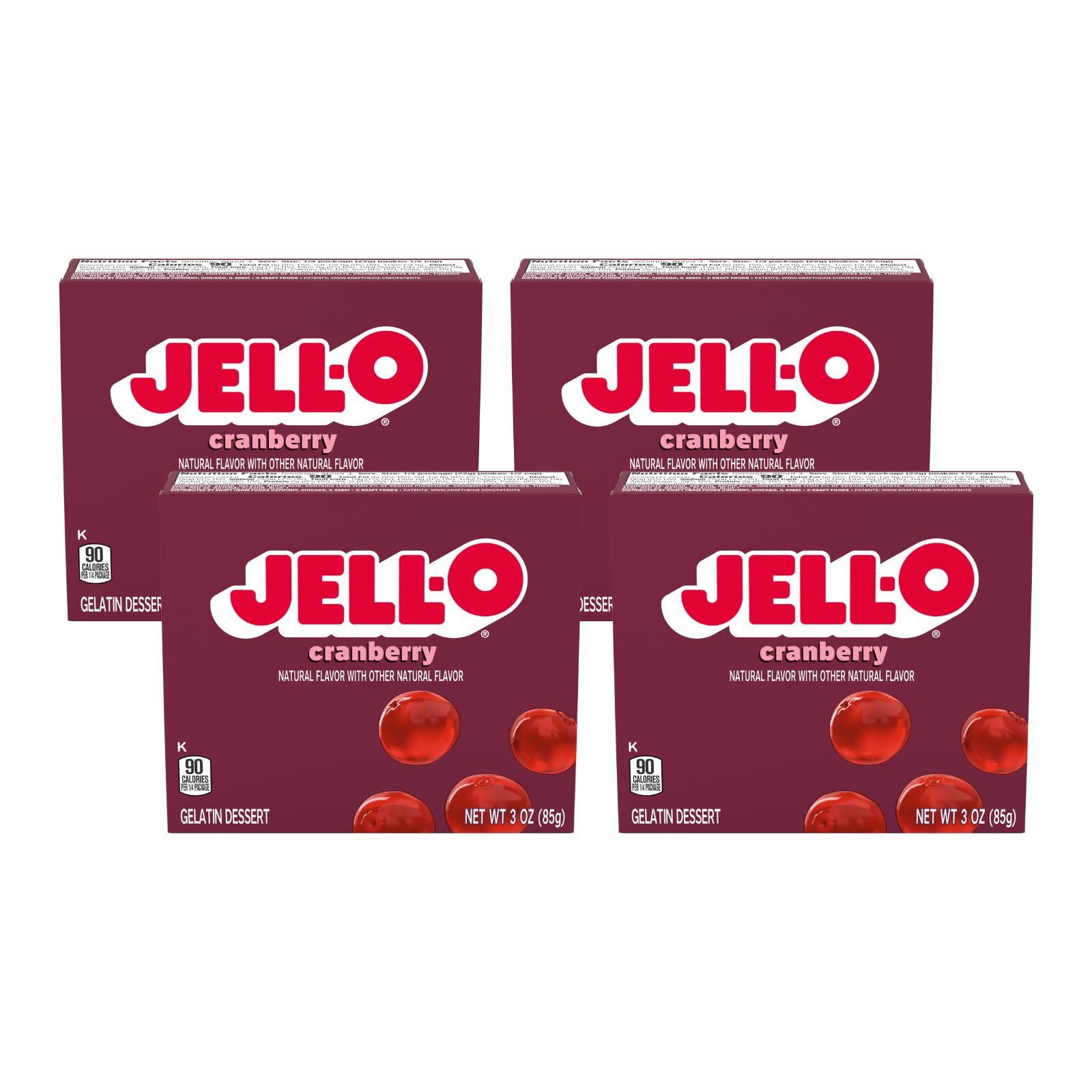 Jell-O front packaging showing cranberry gelatin mix and pack of four benefits