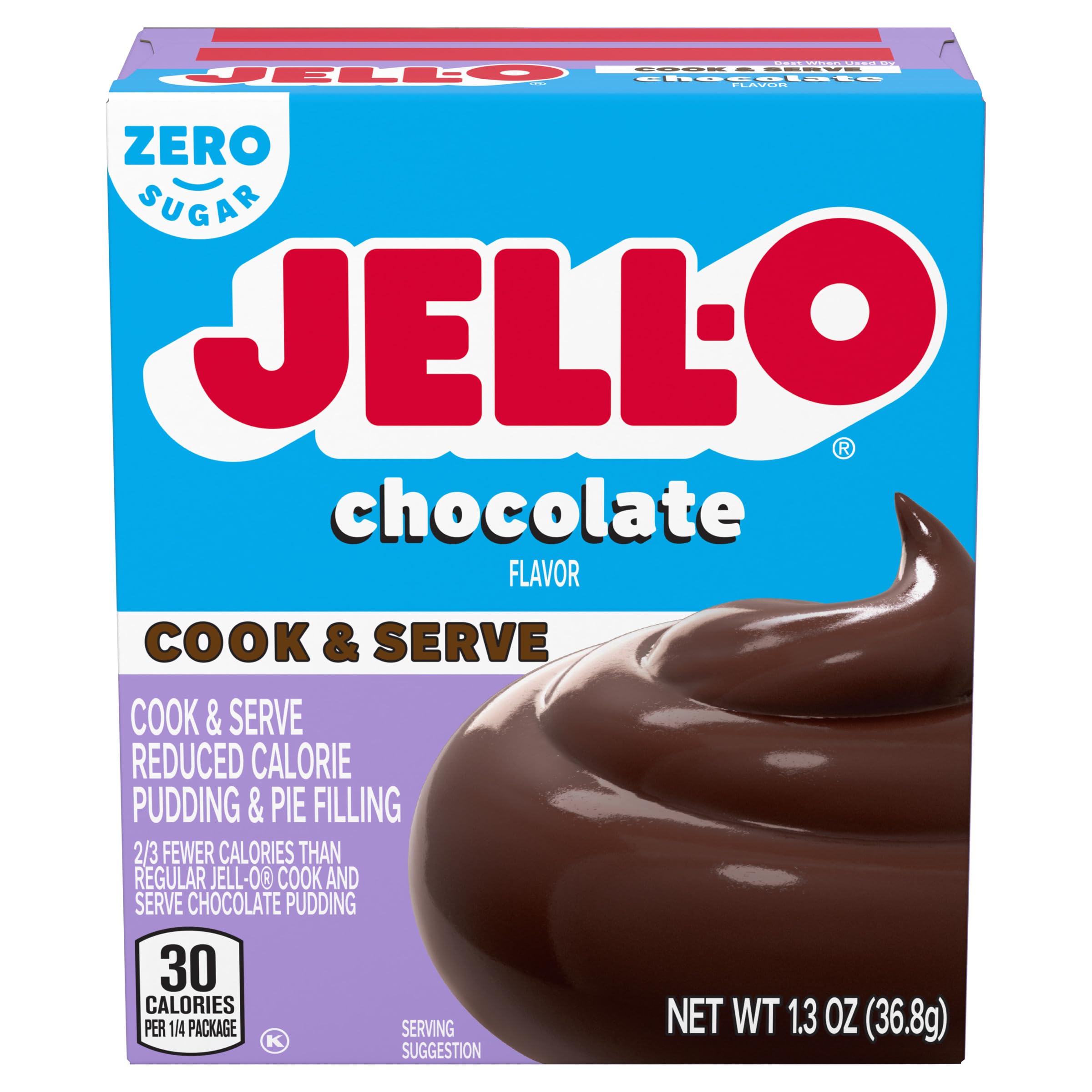 Jell-O front packaging showing chocolate pudding mix and fat free label