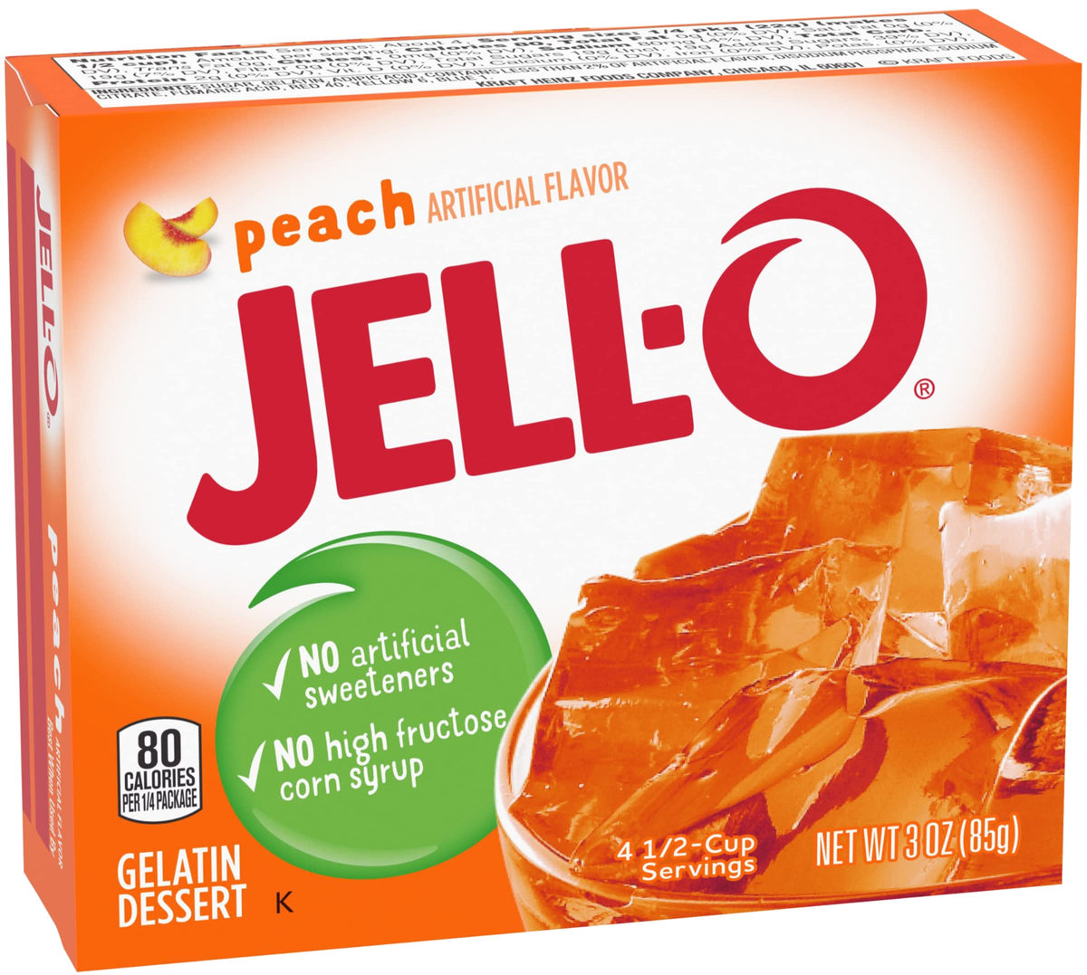 Jell-O peach front packaging showing brand and flavor for quick identification