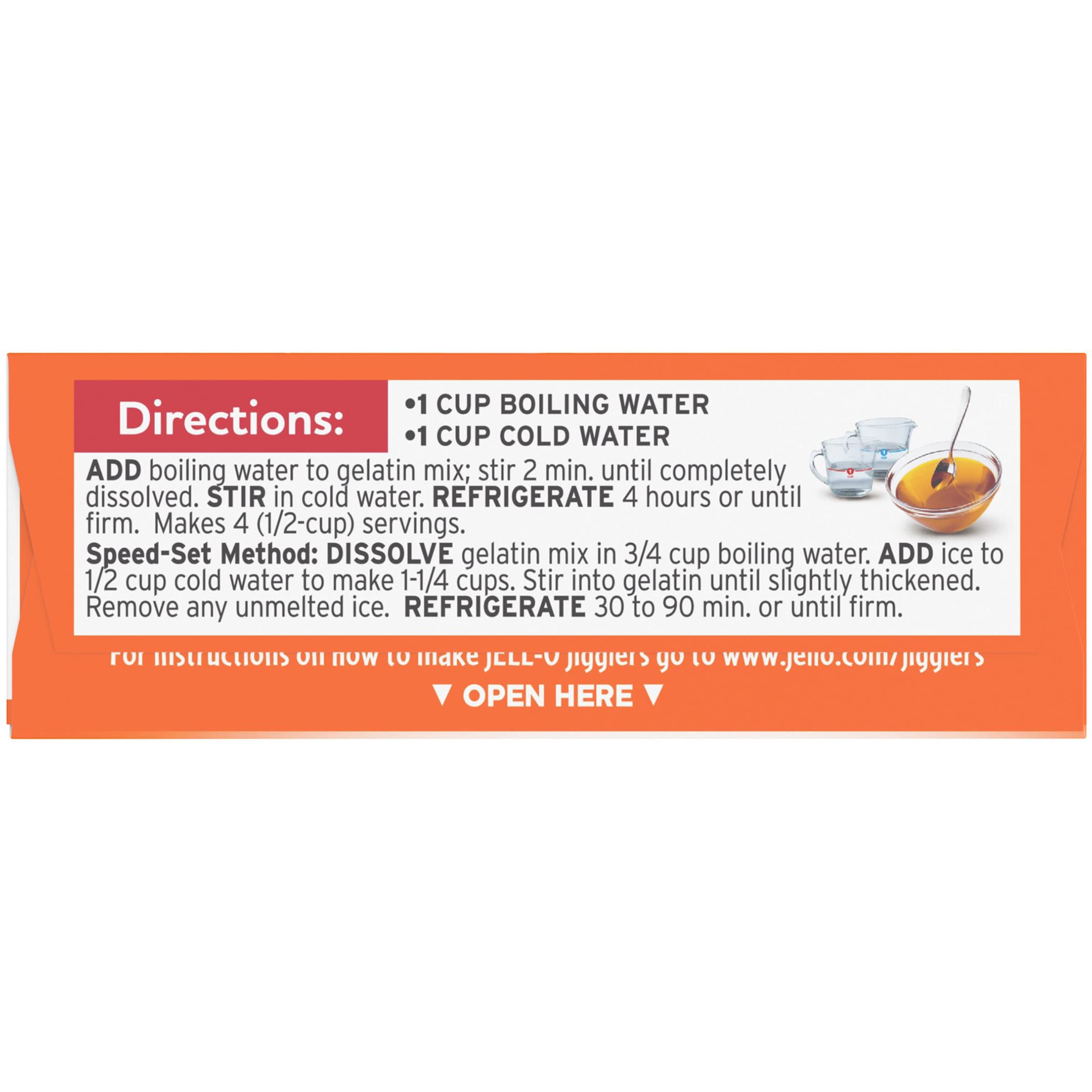 Jell-O peach open mix powder beside instructions illustrating easy preparation