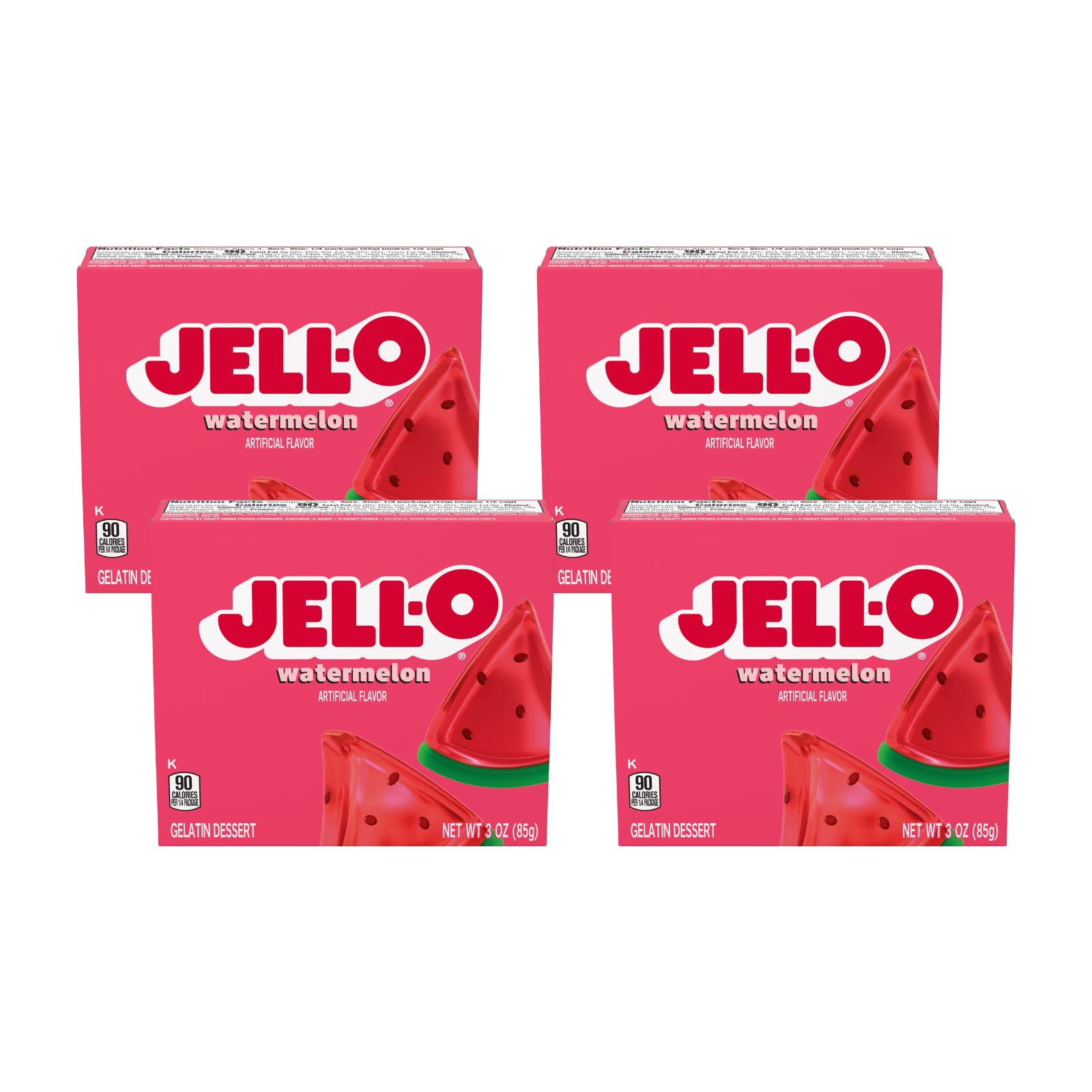 Jell-O front packaging showing brand and watermelon flavor, vibrant and clear