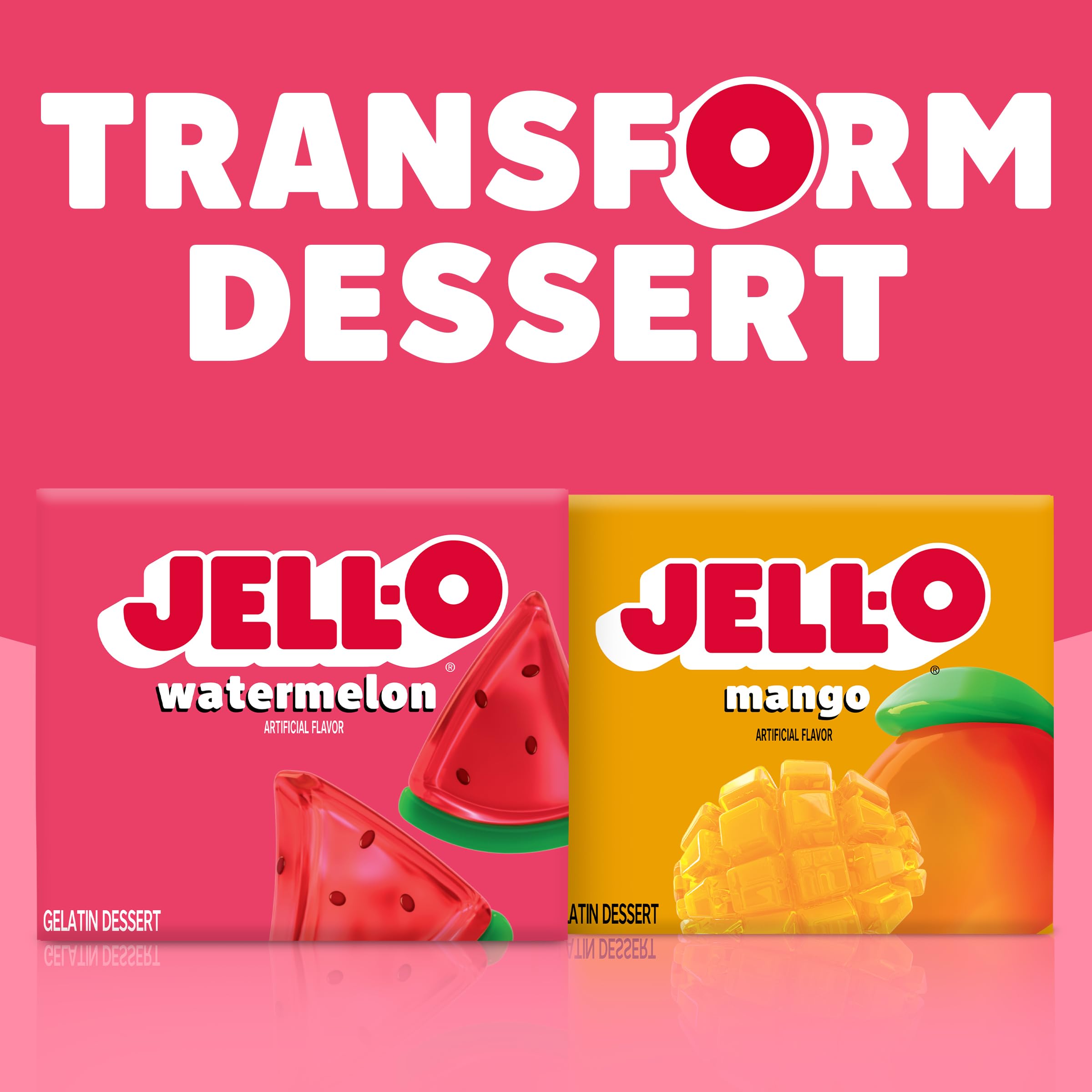 Mixing Jell-O watermelon with boiling water during preparation, Jell-O simplifies making desserts