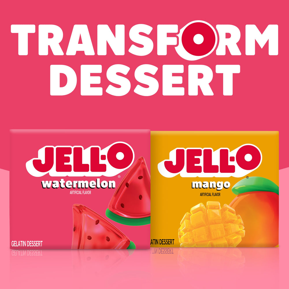 Mixing Jell-O watermelon with boiling water during preparation, Jell-O simplifies making desserts