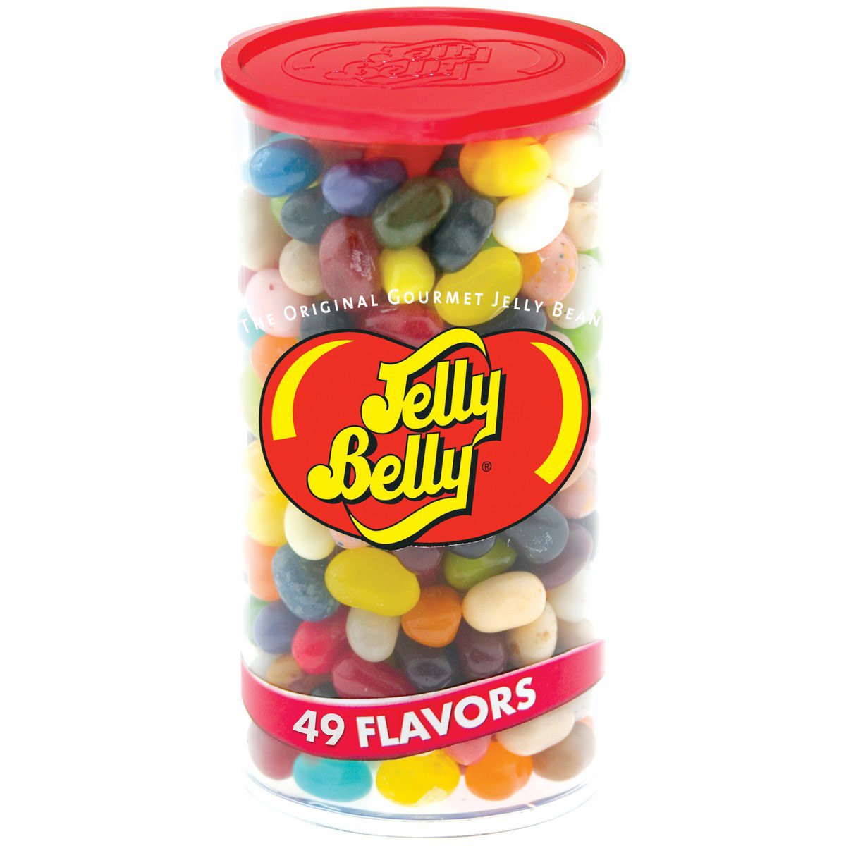Jelly Belly 12-oz can front view showing label and colorful beans, convenient resealable lid