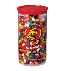 Jelly Belly 3 lb tub front packaging showing label and resealable lid for convenience