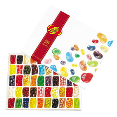 Jelly Belly front packaging showing full 50-flavor box and gift-ready presentation