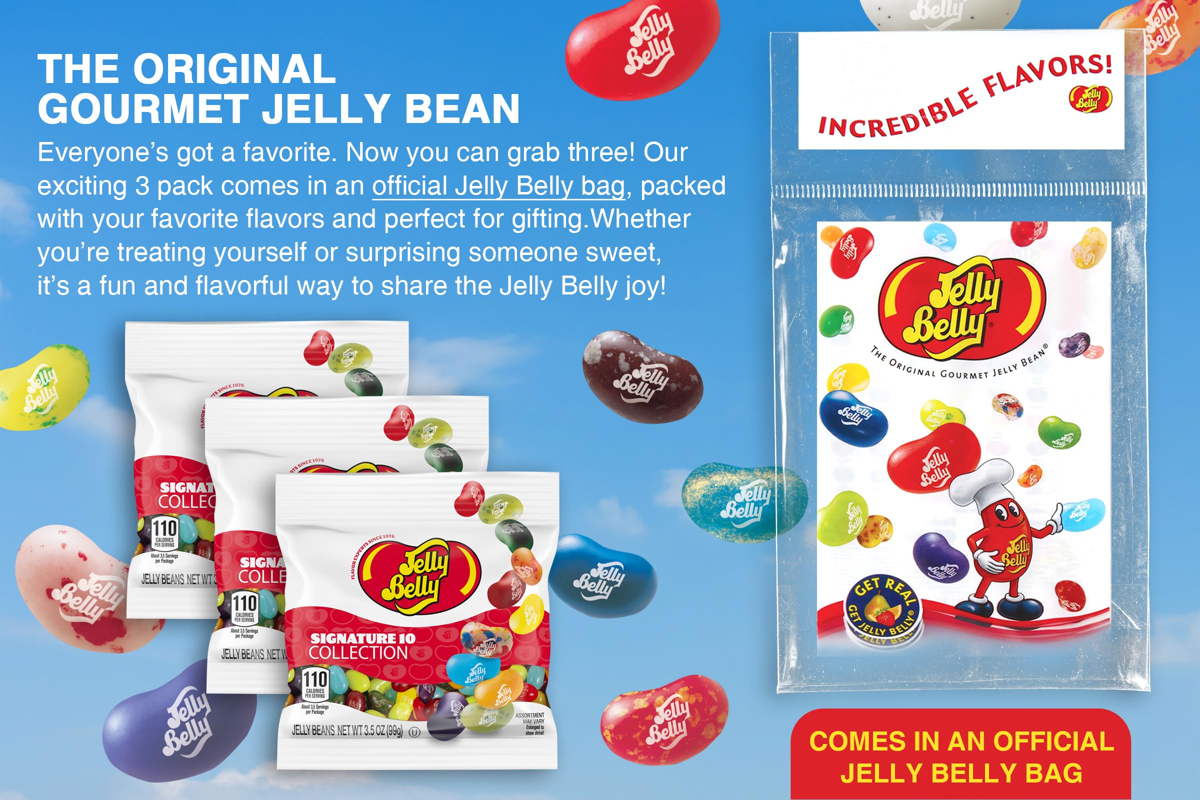 Jelly Belly open bag showing assorted beans and easy resealable benefit