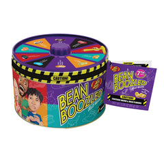 Jelly Belly tin front view with spinner, shows playful game and compact gift benefit