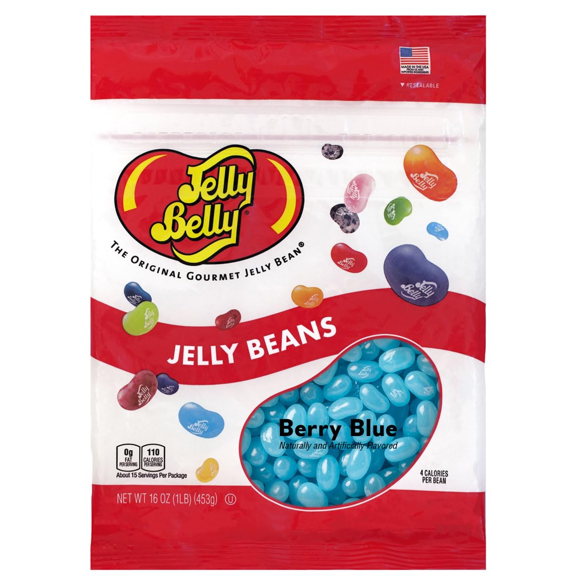 Jelly Belly front packaging showing resealable bag and bright berry blue beans