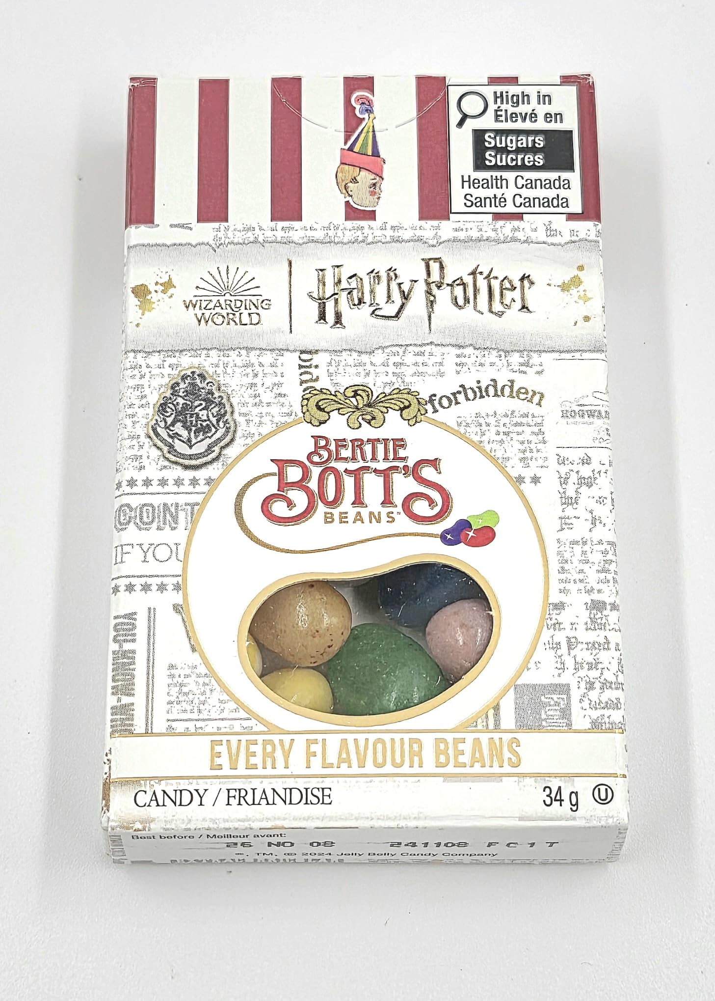 Jelly Belly close-up label showing Harry Potter branding and freshness guarantee benefit