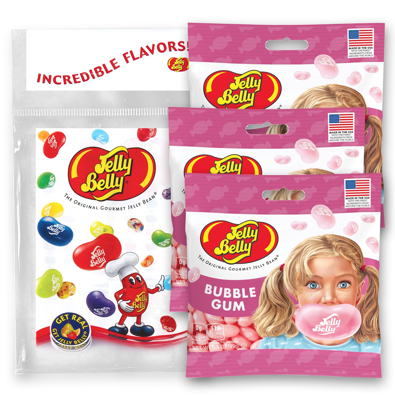 Jelly Belly front packaging showing buttered popcorn flavor and easy grab-and-go benefit