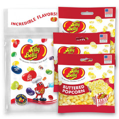 Jelly Belly front packaging showing three grab & go bags and easy-portability benefit