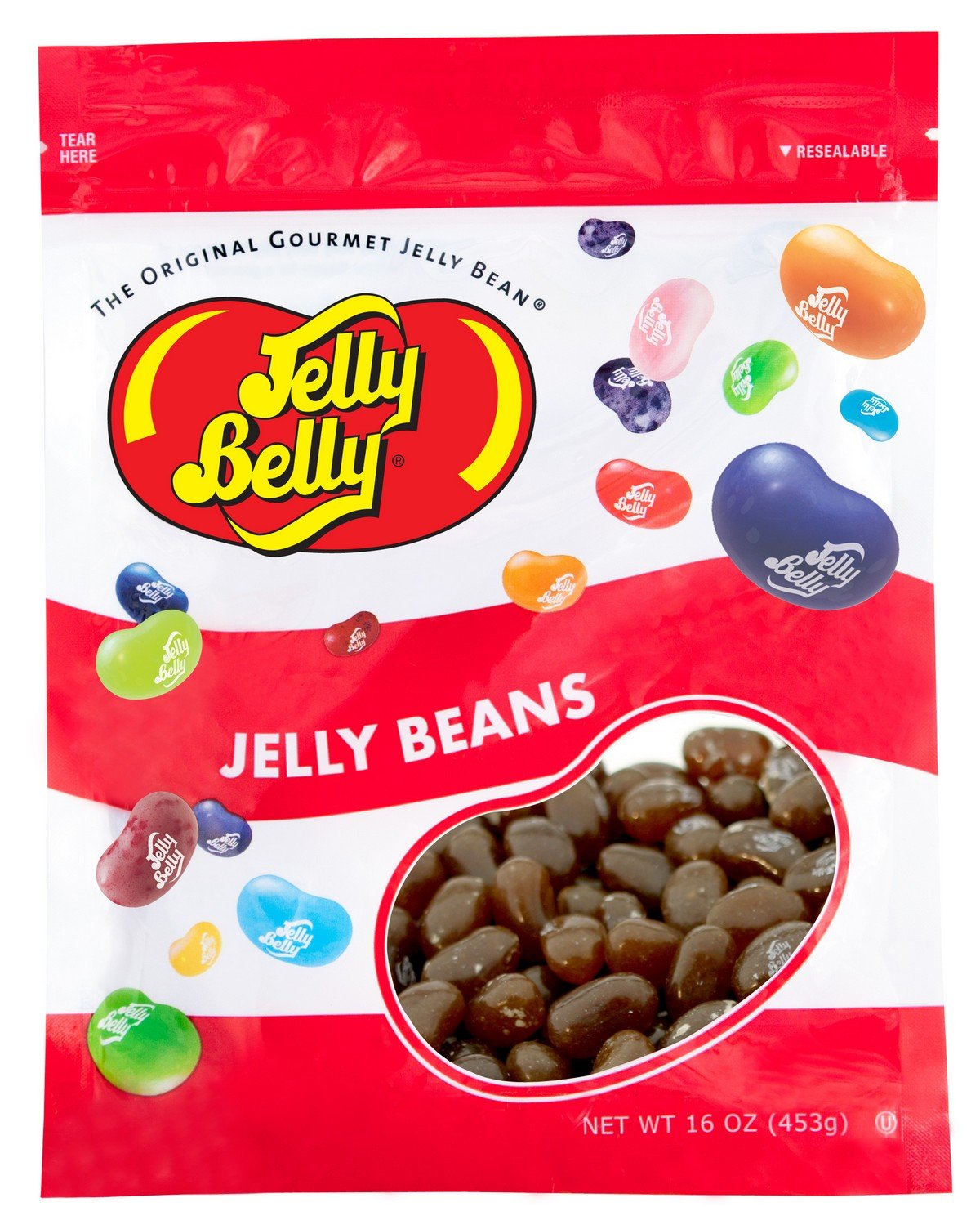 Jelly Belly front packaging showing 1 lb resealable bag and brand
