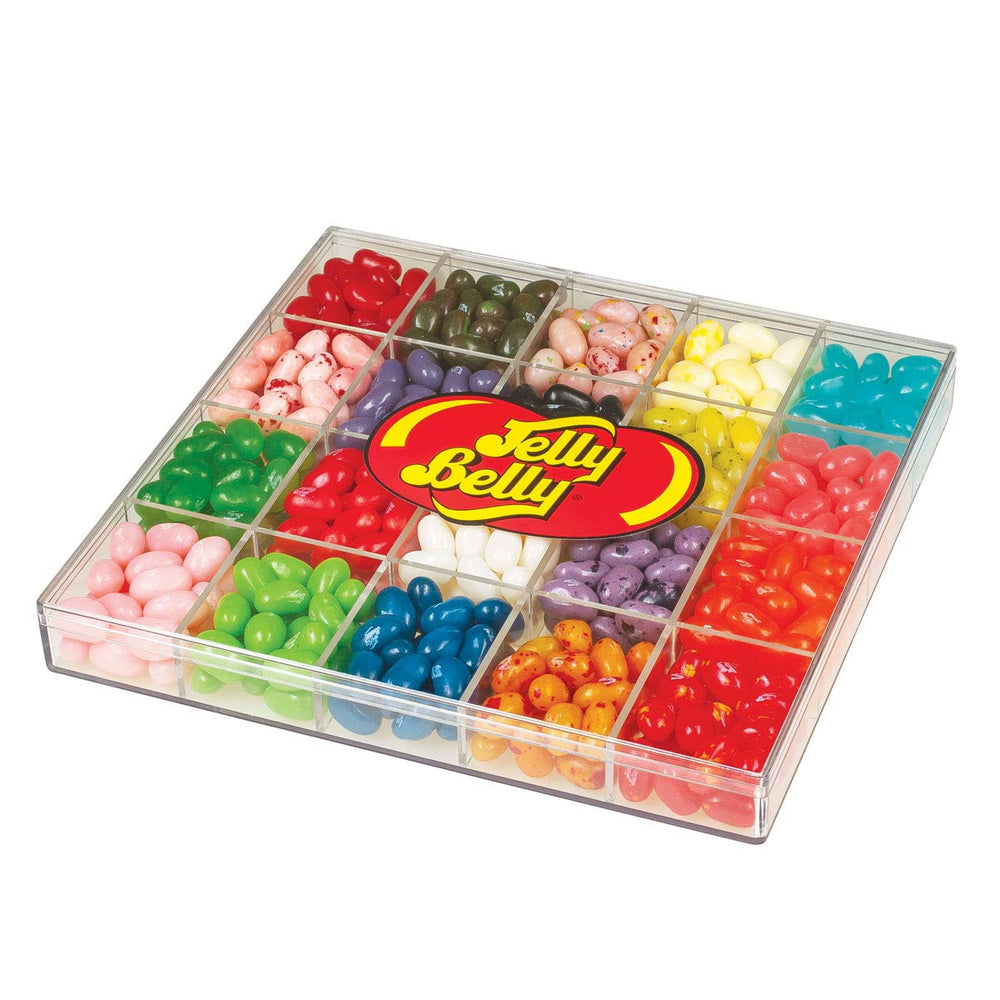 Jelly Belly clear gift box front showing 20 flavor pockets and colorful beans, perfect for gifting