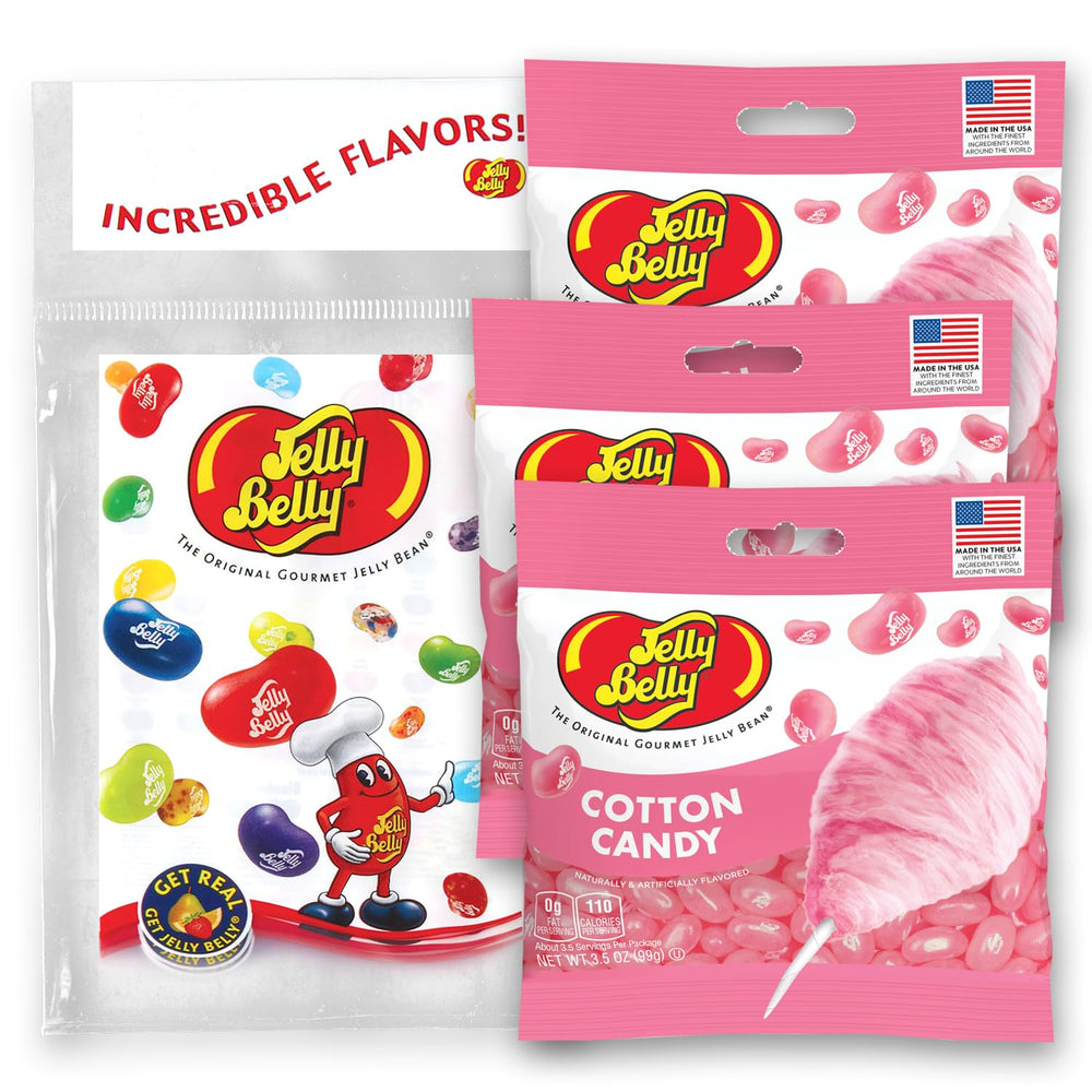 Jelly Belly front packaging showing cotton candy flavor and portability