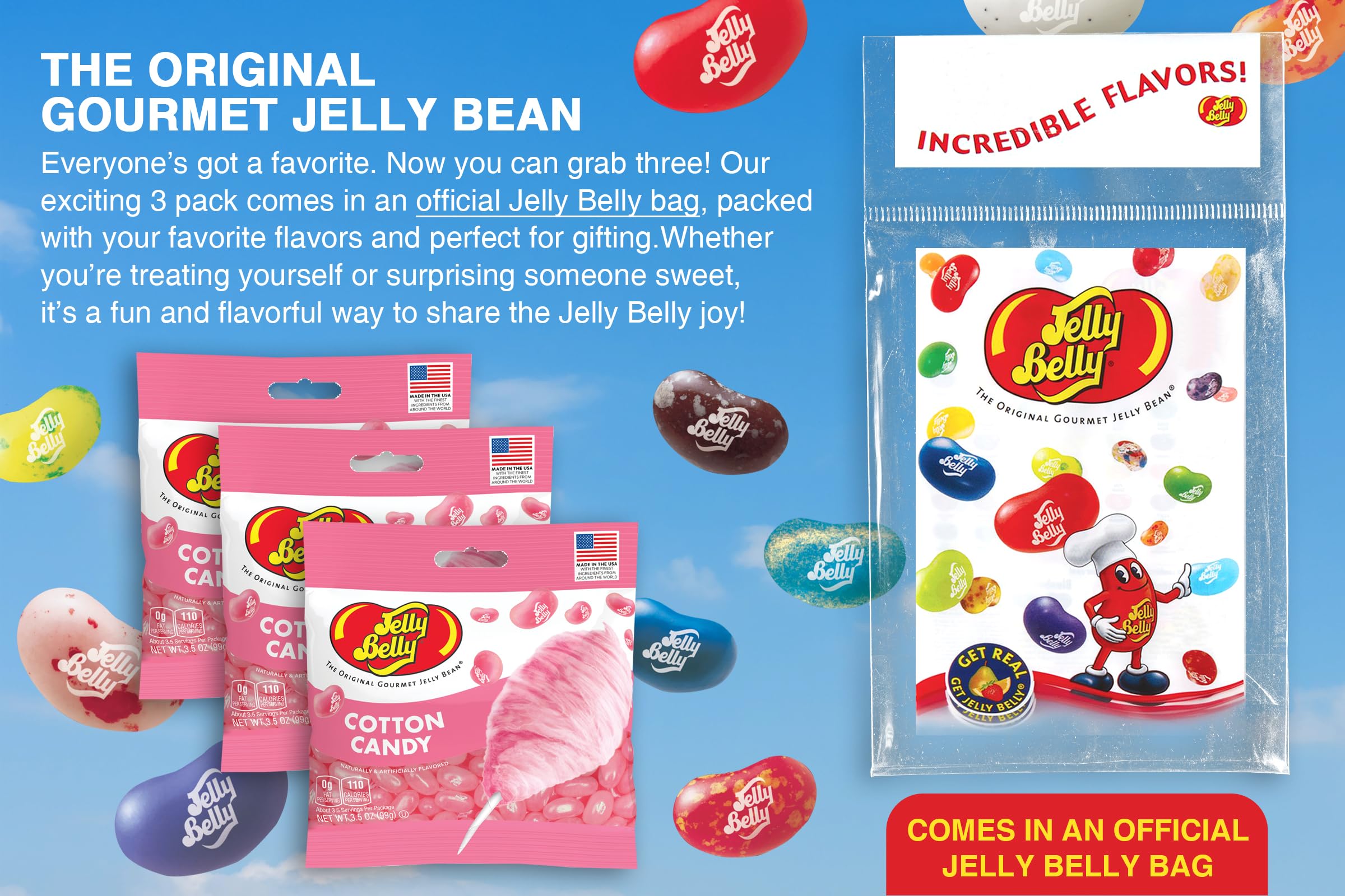 Three Jelly Belly cotton candy 3.5 oz bags stacked for sharing convenience
