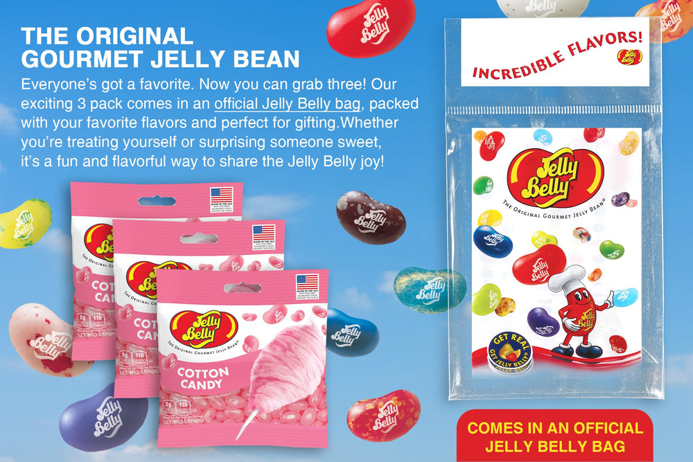Three Jelly Belly cotton candy 3.5 oz bags stacked for sharing convenience