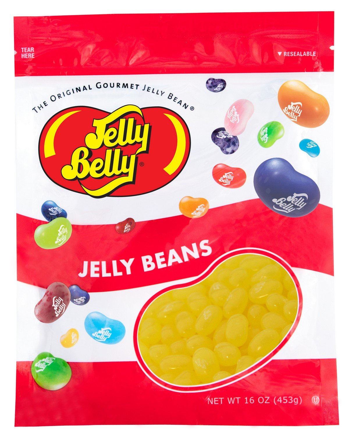 Jelly Belly front packaging showing 1 lb resealable bag and branding benefit freshness