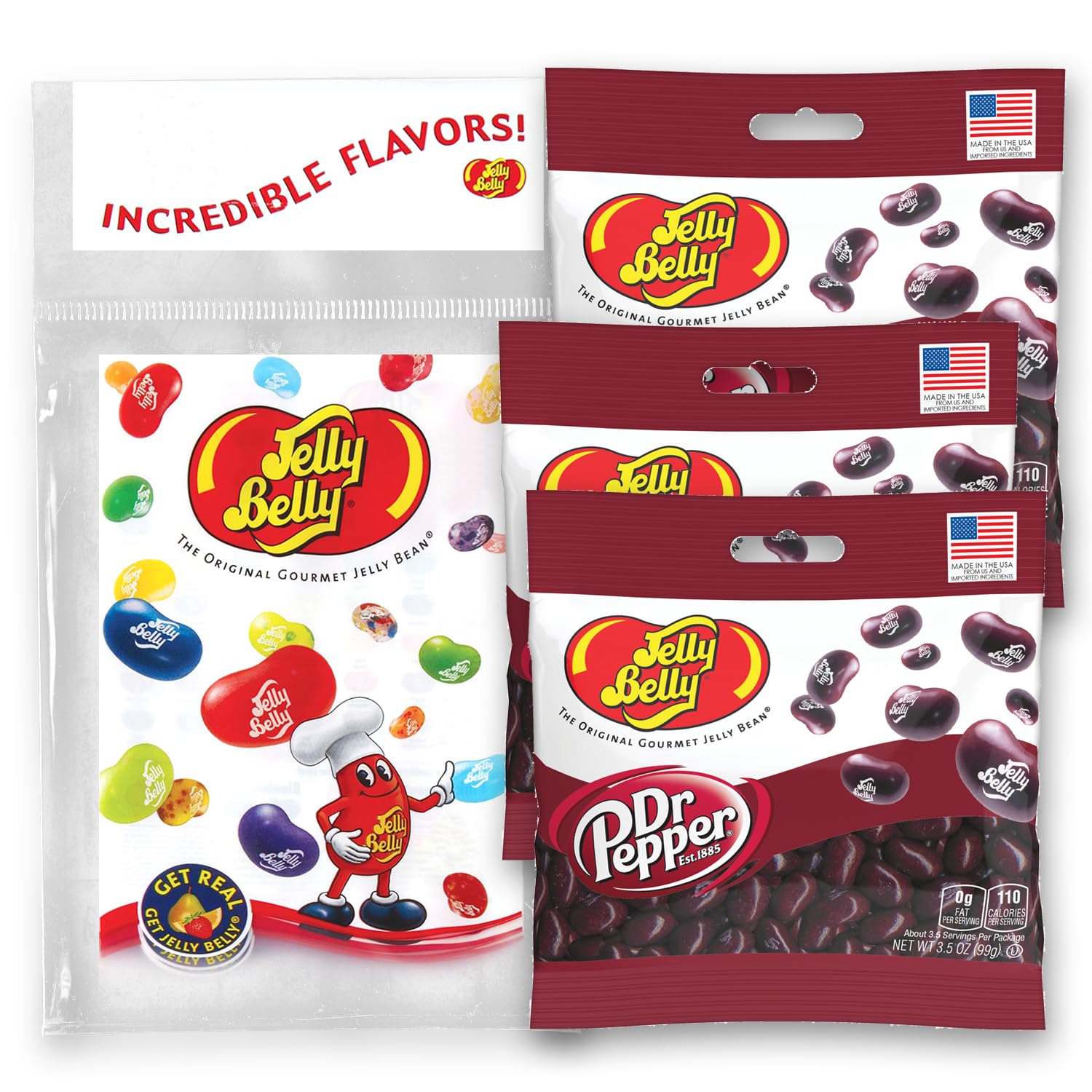 Jelly Belly front packaging showing Dr. Pepper flavor and grab-and-go benefit