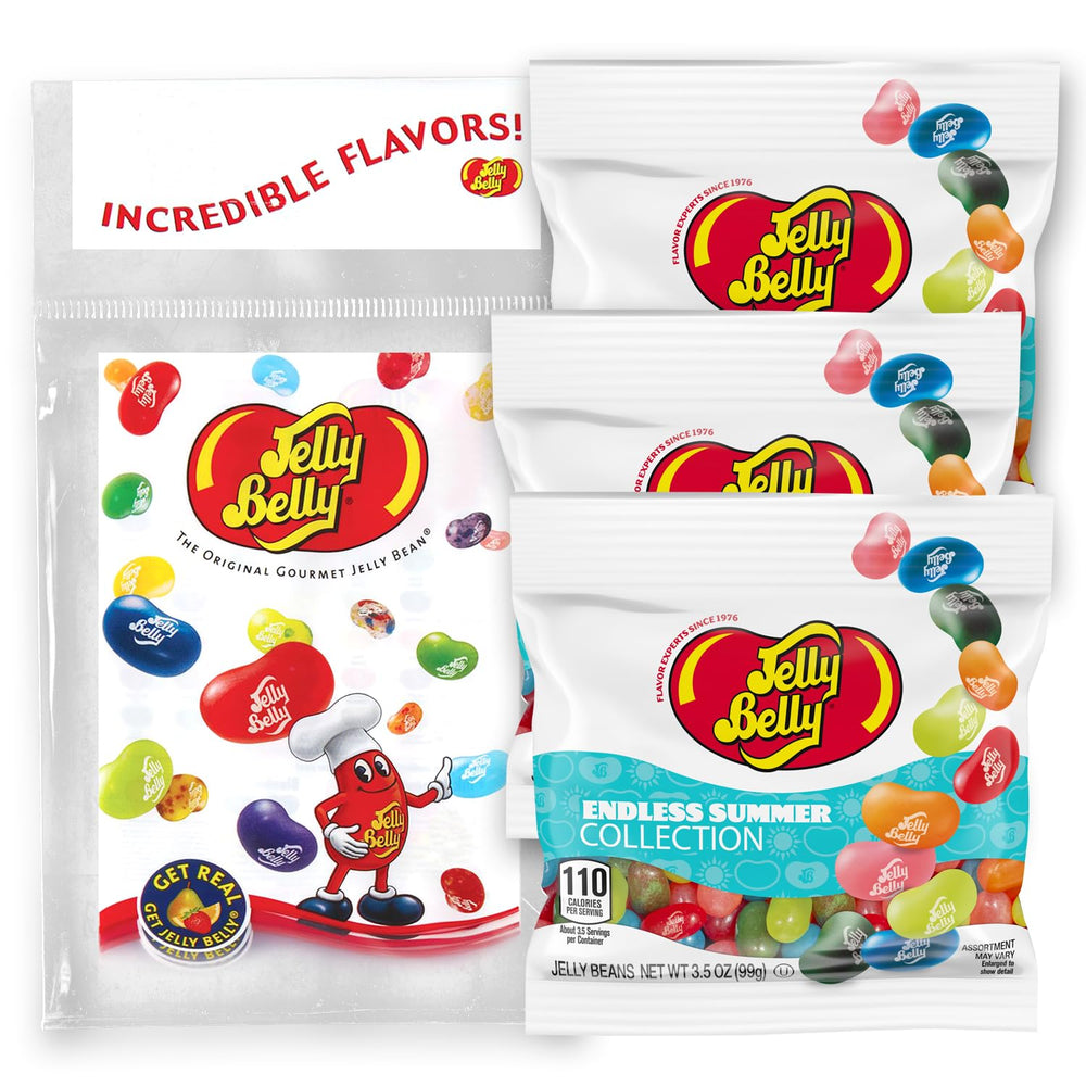 Jelly Belly front packaging showing three Grab & Go bags and vibrant branding for easy gifting