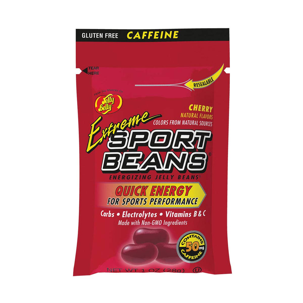 Jelly Belly front packaging showing resealable cherry sport beans, easy grab-and-go