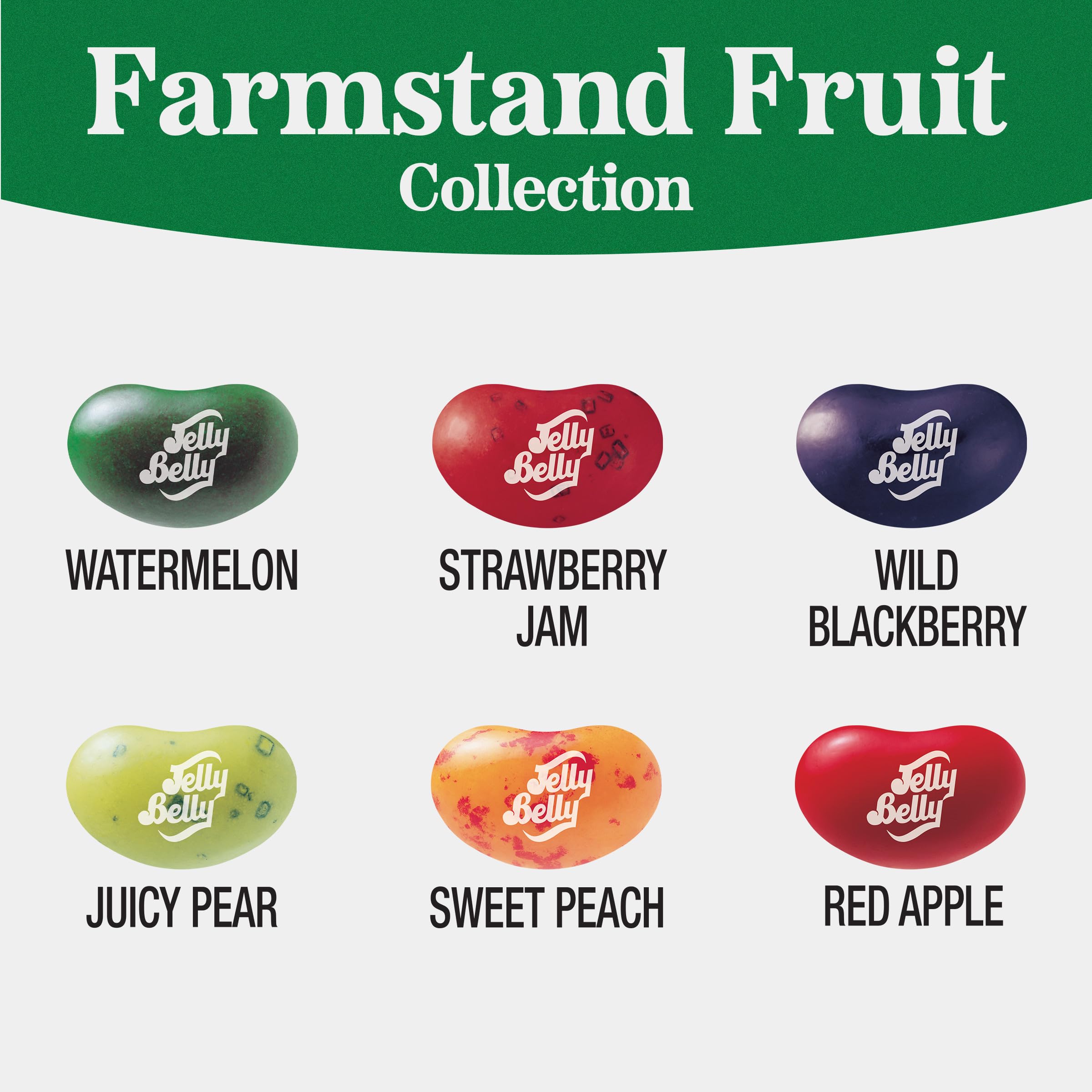 Jelly Belly flavor labels visible on bag highlighting the six fruit choices