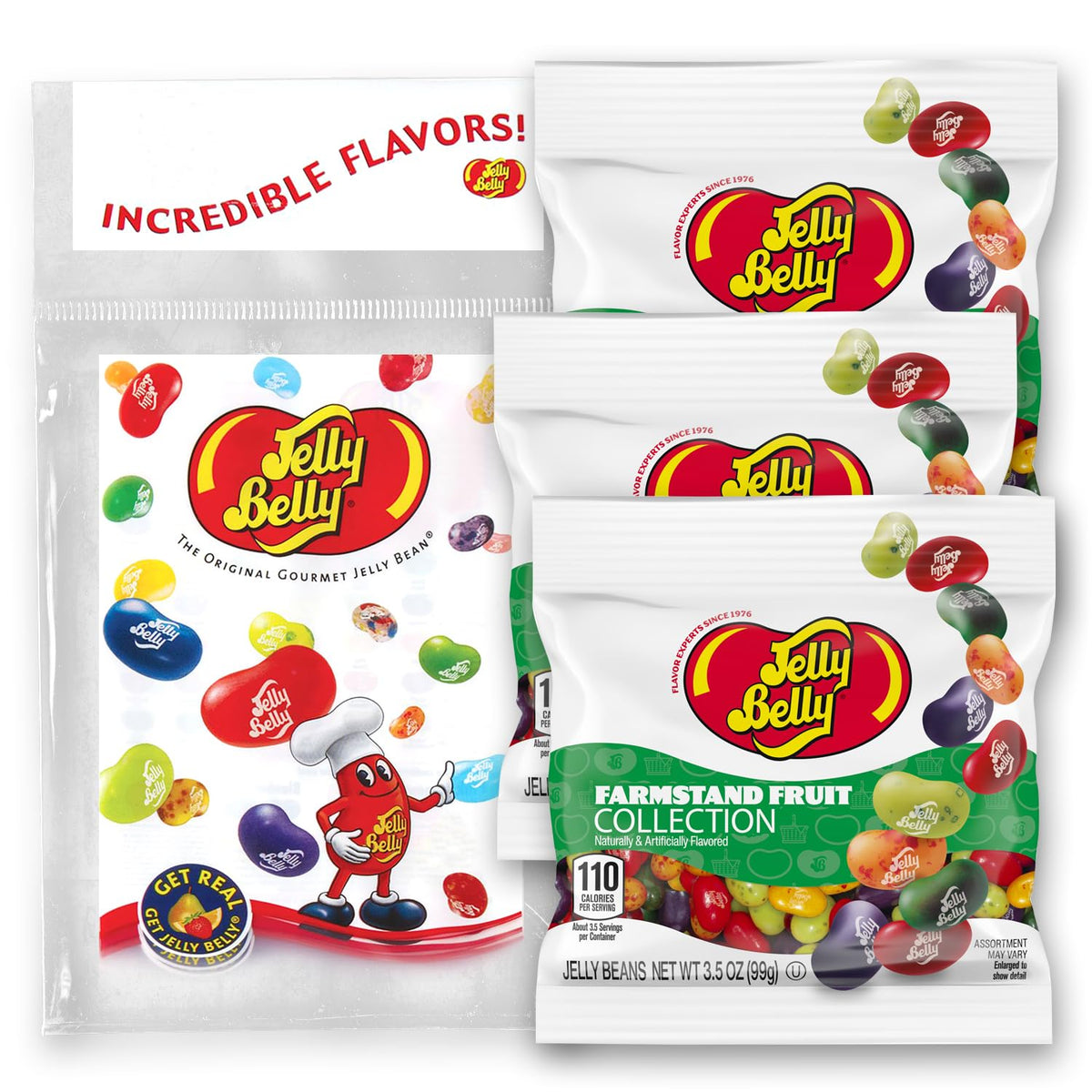 Jelly Belly front packaging showing three grab & go bags and bright branding