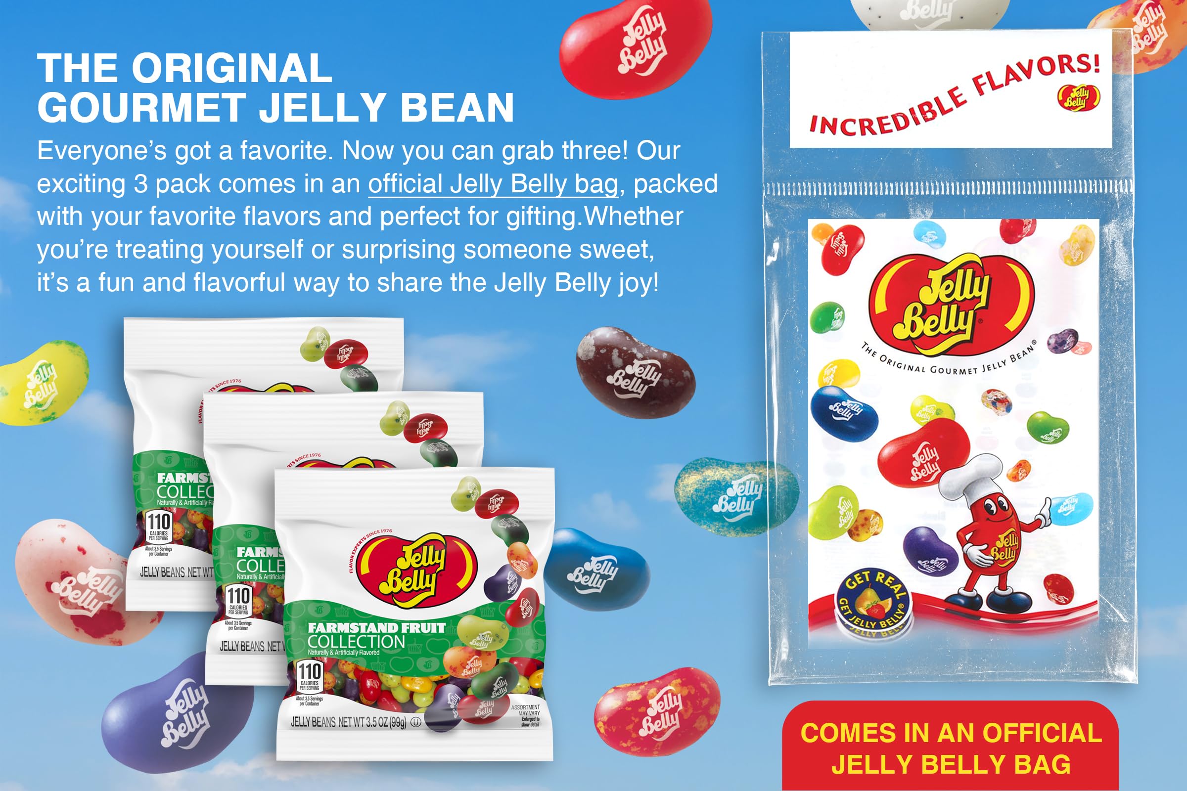 Jelly Belly open bag with visible beans, convenient snack portion benefit