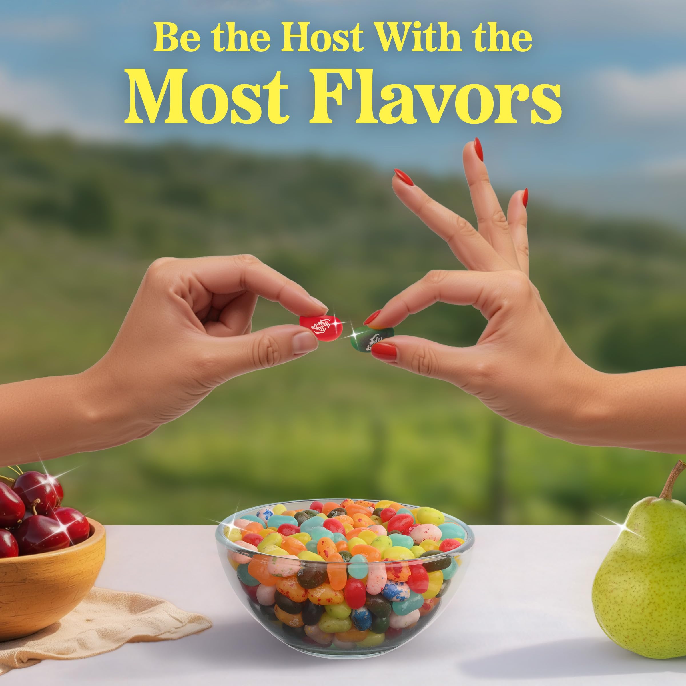 Jelly Belly flavor label and list showing included flavors for quick choice