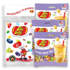 Jelly Belly front packaging showing boba milk tea flavors and portable convenience