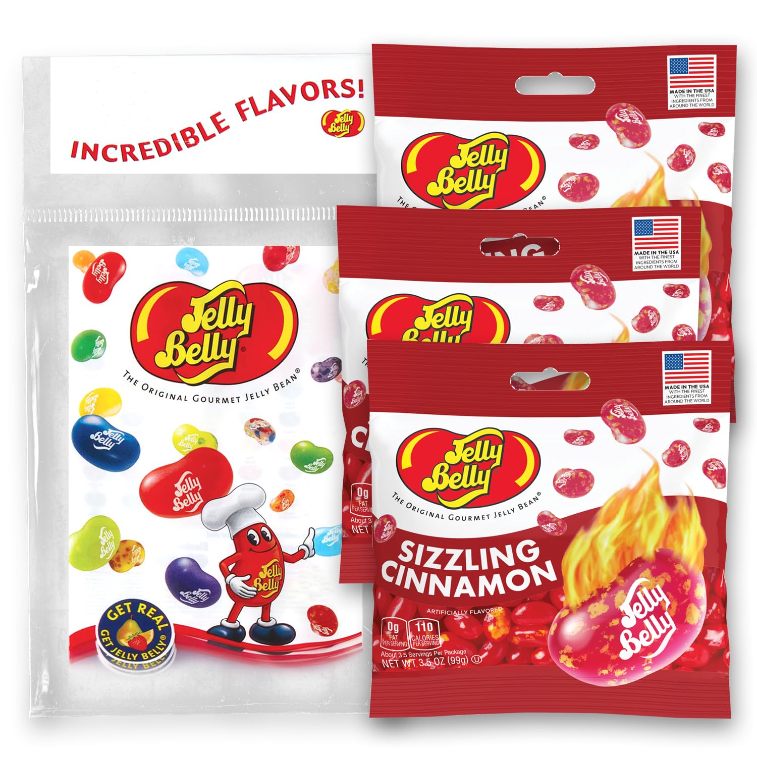 Jelly Belly front packaging showing three 3.5 oz buttered popcorn bags for easy sharing