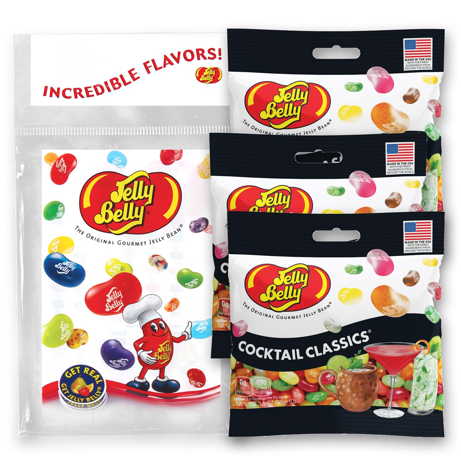 Jelly Belly front packaging of Cocktail Classics pack showing vibrant bag design and flavor callouts