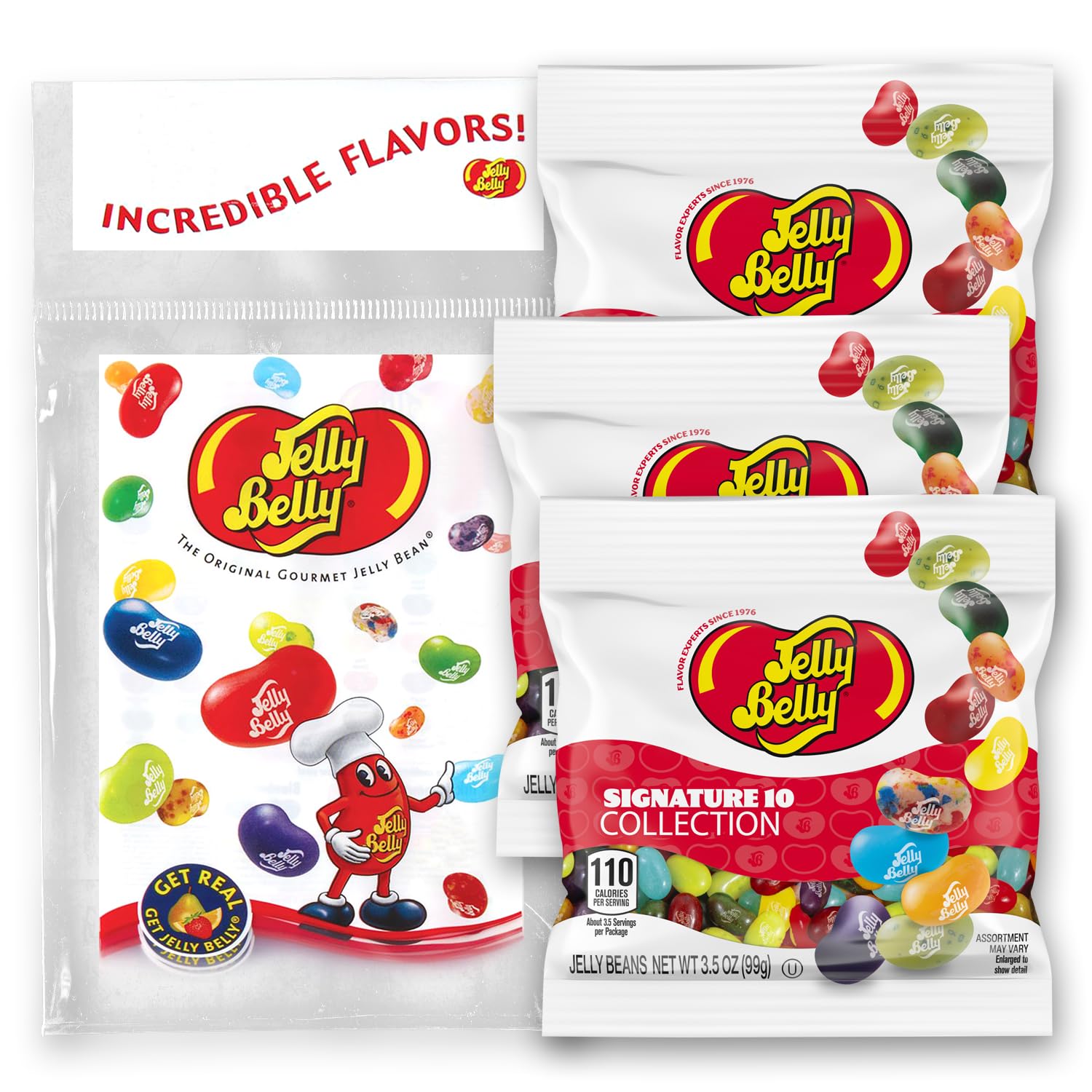 Jelly Belly front packaging Signature 10 showing colorful bags and convenience