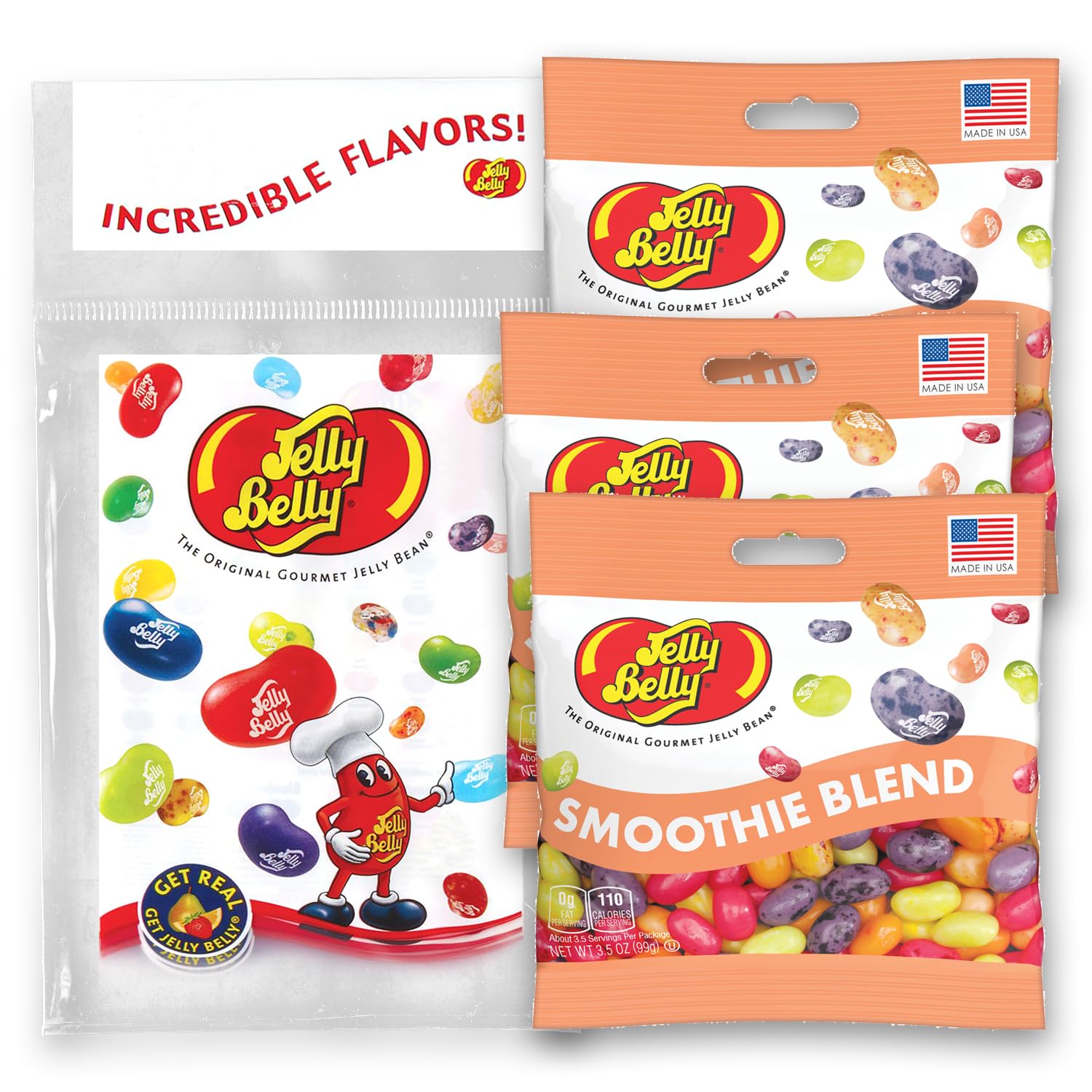 Jelly Belly front packaging smoothie blend showing grab-and-go bags and branding benefit