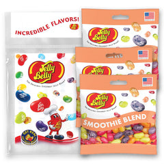 Jelly Belly front packaging smoothie blend showing grab-and-go bags and branding benefit