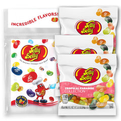 Jelly Belly front packaging showing tropical flavors and vibrant colors for easy selection