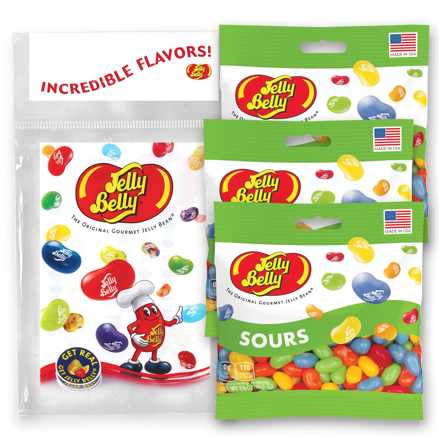 Jelly Belly front packaging showing colorful kid-friendly mix and ease