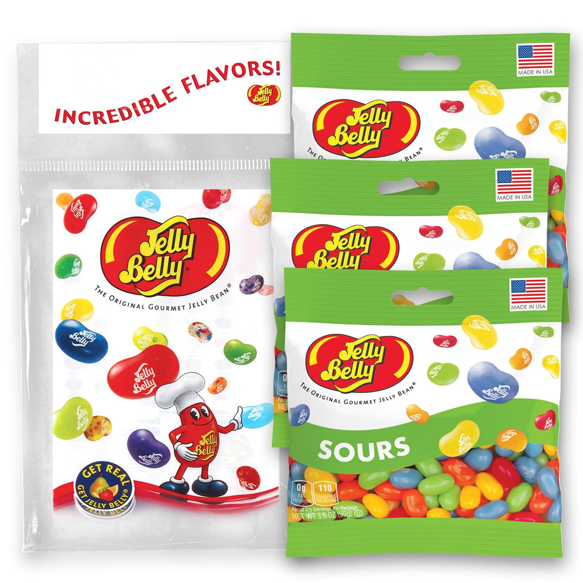 Jelly Belly front packaging showing colorful kid-friendly mix and ease