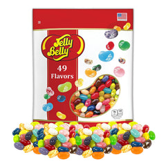 Jelly Belly front pouch showing colorful assorted beans and resealable zipper for freshness