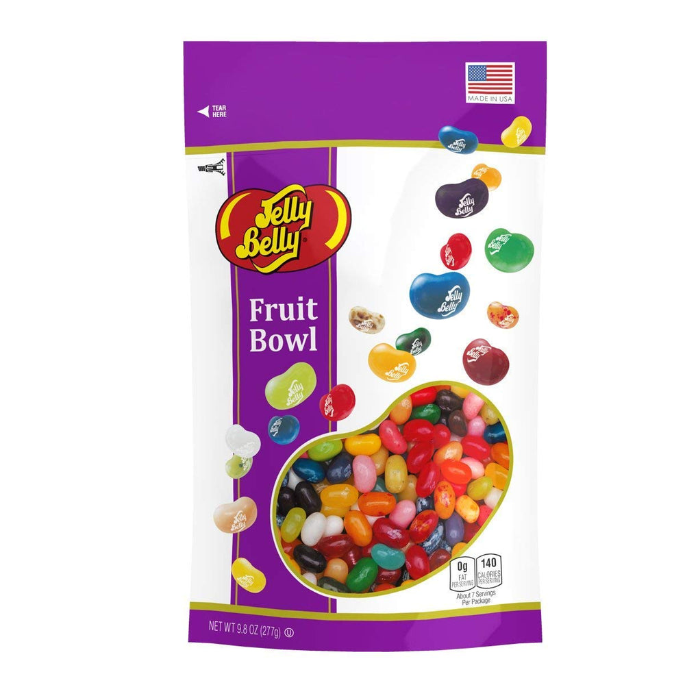 Jelly Belly front packaging showing 9.8 oz bag with assorted fruit flavors for convenient sharing