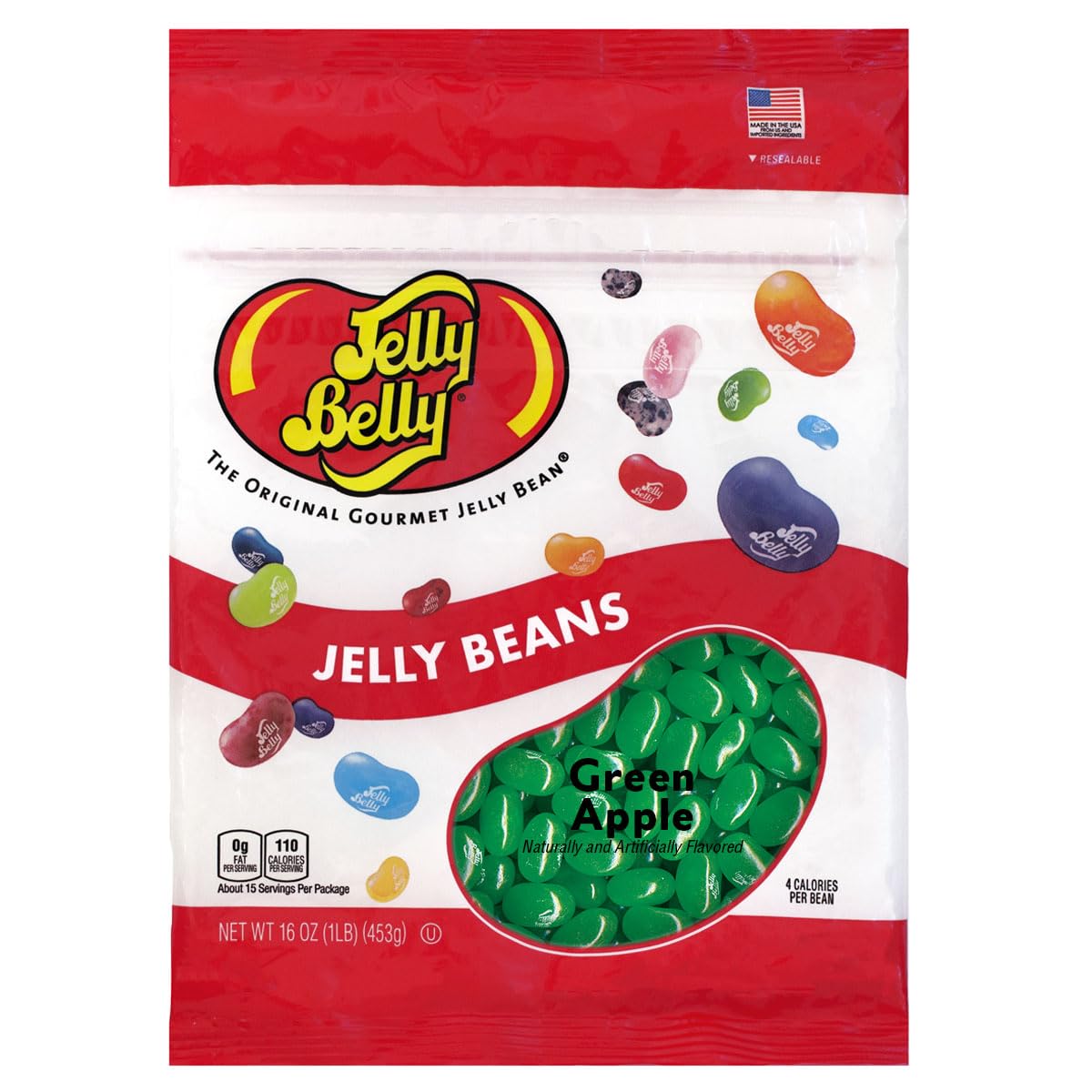 Jelly Belly front packaging of 1 lb bag showing brand and flavor benefit freshness